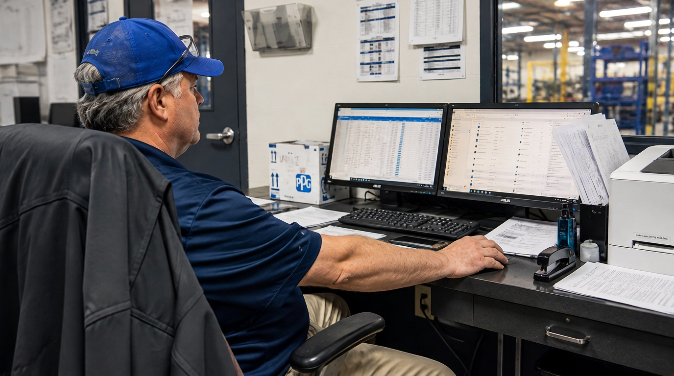Manufacturing worker at a dual-monitor workstation