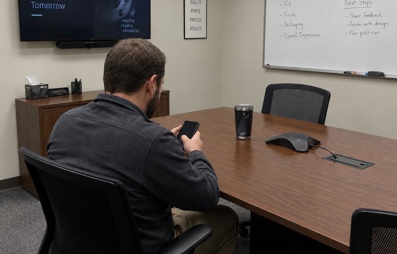 Person using a mobile phone in a conference room